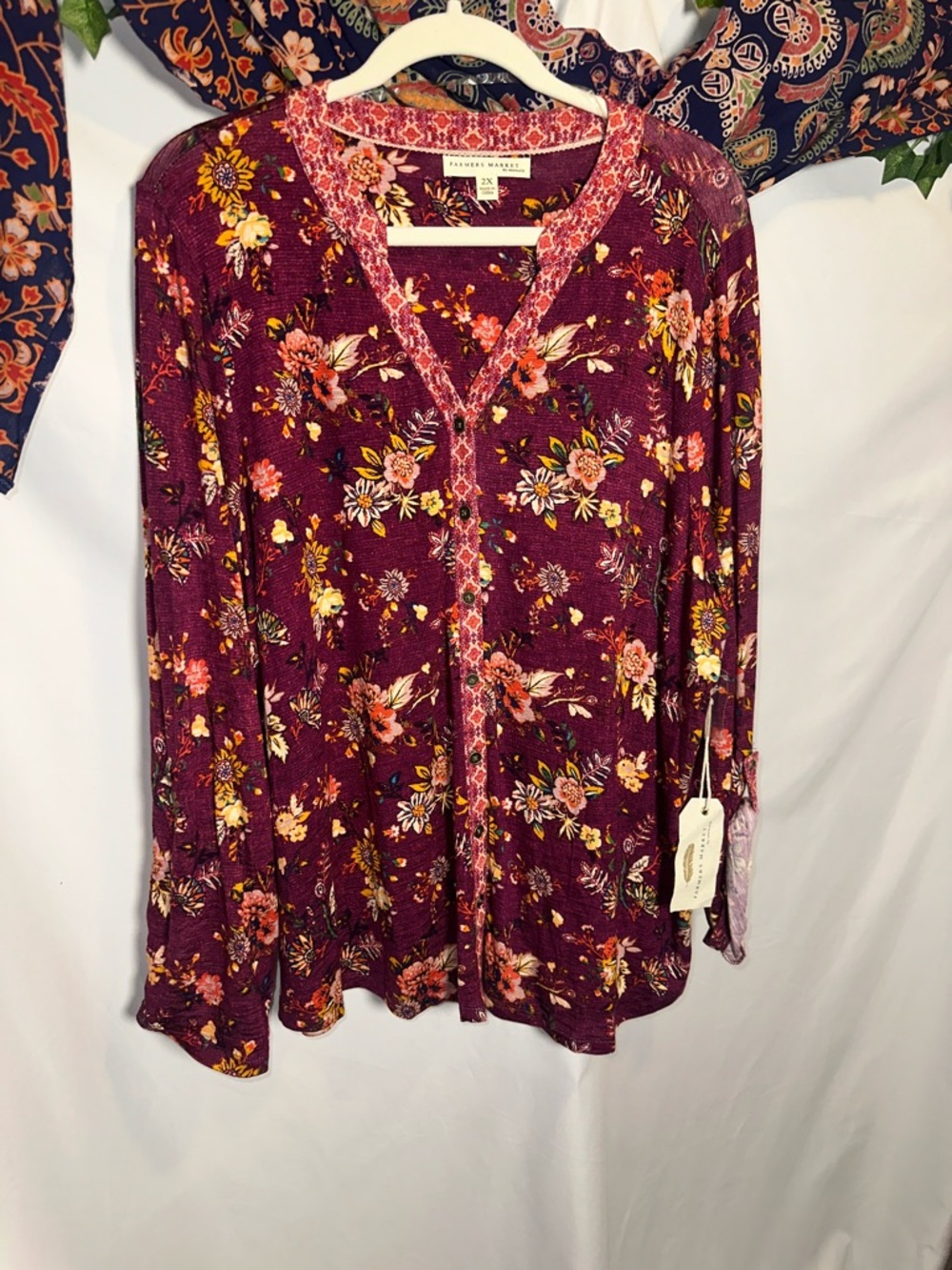 Farmers market by oneworld Burgundy Floral Long Sleeve Button-Front Top
